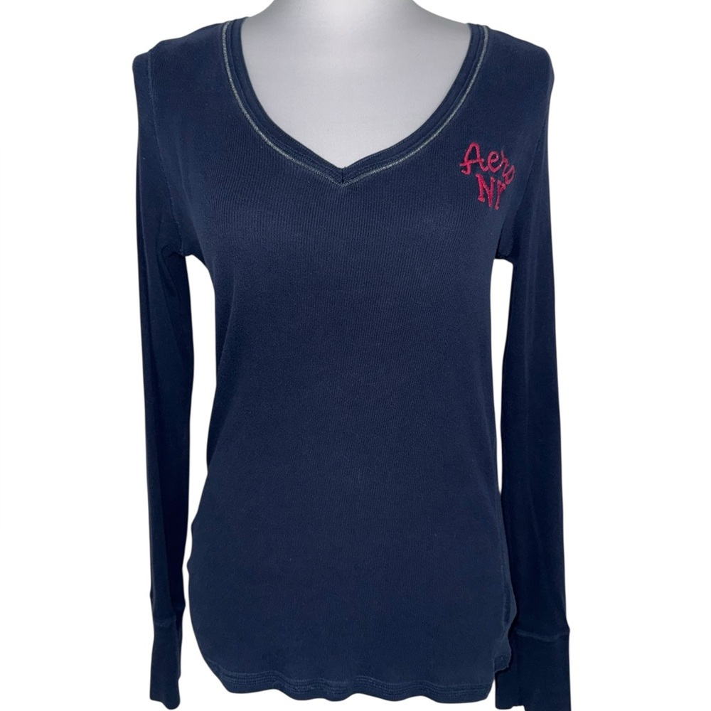 Aeropostale Aero‎ NY Ribbed Long Sleeve V Neck Top Navy Pink Varsity Y2K XL